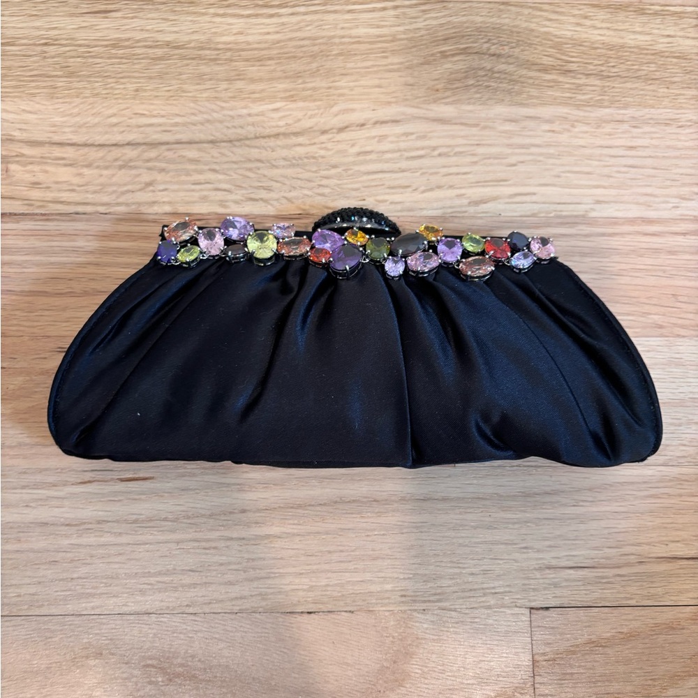 Letty black satin evening clutch with multicolored rhinestones